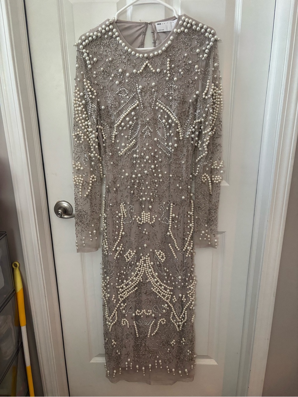 Embellished Sheer Pearl Beaded Long Sleeve Dress - Taupe